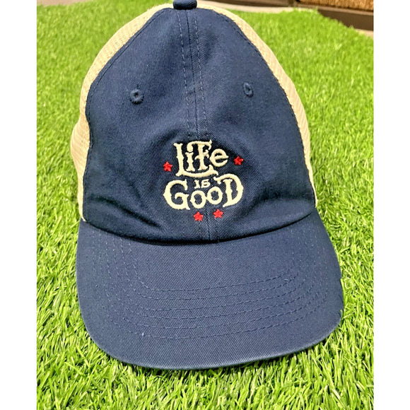 Life is Good SnapBack Mesh Trucker Hat Embroidered With Red Stars Navy Cream - Picture 2 of 8